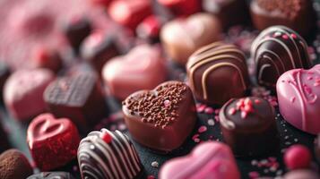 ai gerado doce corações, chocolates, e delicioso guloseimas conjunto contra uma cheio de amor fundo foto