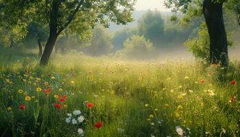 ai gerado uma gramíneo campo cheio do flores silvestres e árvores foto