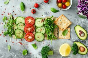 ai gerado uma saudável lanche com vegetais, limão, abacate e biscoitos foto