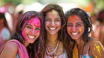 ai gerado vínculo sobre cores, risada, e compartilhado momentos dentro uma holi celebração foto