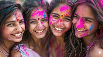 ai gerado vínculo sobre cores, risada, e compartilhado momentos dentro uma holi celebração foto