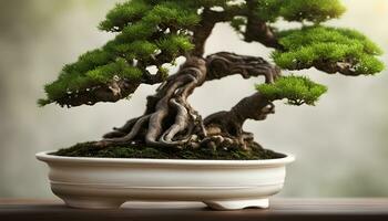 ai gerado bonsai árvore dentro uma Panela em uma mesa foto