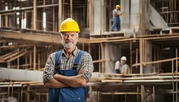 ai gerado a Mais velho homem dentro macacão em pé dentro frente do uma construção local foto