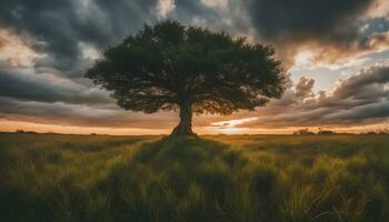 ai gerado uma solitário árvore dentro uma campo com dramático nuvens foto