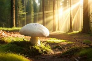 ai gerado uma cogumelo é em pé dentro a meio do uma floresta foto