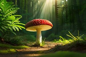 ai gerado uma vermelho cogumelo é em pé dentro a meio do uma floresta foto