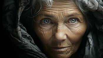 ai gerado sorridente Senior mulher olhando às Câmera dentro molhado inverno clima gerado de ai foto