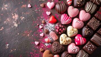 ai gerado doce corações, chocolates, e delicioso guloseimas conjunto contra uma cheio de amor fundo foto