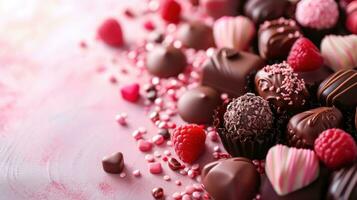 ai gerado doce corações, chocolates, e delicioso guloseimas conjunto contra uma cheio de amor fundo foto