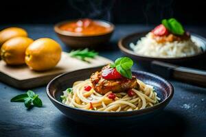 espaguete com almôndegas e tomate molho. gerado por IA foto