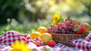 ai gerado tecido de algodão cobertores, fresco fruta, e brilho do sol evocar uma delicioso Primavera piquenique foto