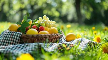 ai gerado tecido de algodão cobertores, fresco fruta, e brilho do sol evocar uma delicioso Primavera piquenique foto