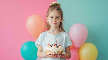 ai gerado feliz aniversário pequeno menina com aniversário bolo contra vívido minimalista fundo foto