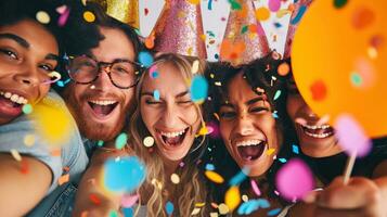 ai gerado rindo amigos, festa chapéus, e vibrante decorações para uma animado aniversário celebração foto