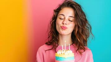 ai gerado feliz aniversário pequeno menina com aniversário bolo contra vívido minimalista fundo foto