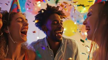 ai gerado rindo amigos, festa chapéus, e vibrante decorações para uma animado aniversário celebração foto