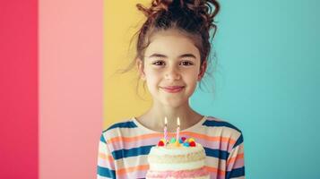 ai gerado feliz aniversário pequeno menina com aniversário bolo contra vívido minimalista fundo foto