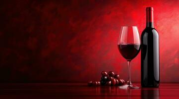 ai gerado vermelho vinho garrafa e vidro do vermelho vinho em uma vermelho fundo foto