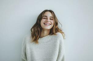 ai gerado sorridente feliz mulher rindo dentro estúdio retrato foto