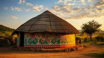 ai gerado dentro a sereno tarde sol, uma magnífico colorida tradicional étnico africano volta cabana do a ndbele tribo dentro uma comunidade dentro sul África foto