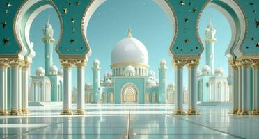 ai gerado uma islâmico masjid em uma azul fundo foto