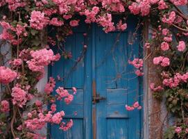 ai gerado uma azul porta é coberto com Rosa flores foto