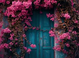 ai gerado uma azul porta é coberto com Rosa flores foto