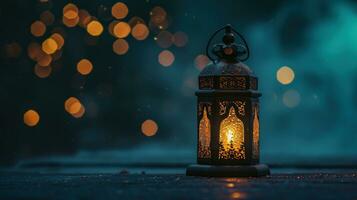 ai gerado a islâmico lanterna sentado em a terra com bokeh luzes islâmico luz foto