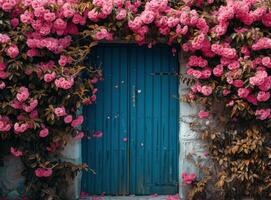ai gerado uma azul porta é coberto com Rosa flores foto