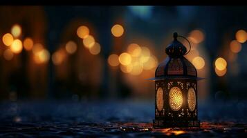 ai gerado a islâmico lanterna sentado em a terra com bokeh luzes islâmico luz foto