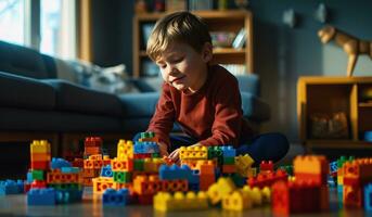 ai gerado uma Garoto é jogando com Lego blocos dentro dele sala de estar foto