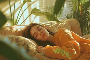 ai gerado lindo jovem mulher relaxante em uma sofá dormindo às casa com plantas foto