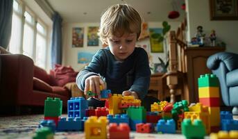 ai gerado uma Garoto é jogando com Lego blocos dentro dele sala de estar foto