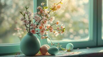 ai gerado uma vaso cheio do flores com quatro Páscoa ovos em uma mesa dentro frente do uma janela foto