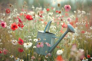 ai gerado uma rega pode é dentro a meio do uma campo do flores foto