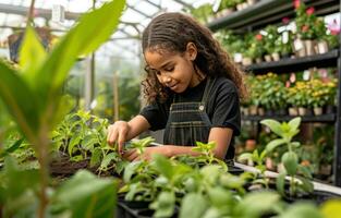 ai gerado uma jovem menina dentro uma Preto avental é trabalhando em plantas dentro dela estufa foto