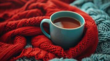 ai gerado azul copo do chá em uma vermelho tricotado cachecol dentro a azul café foto