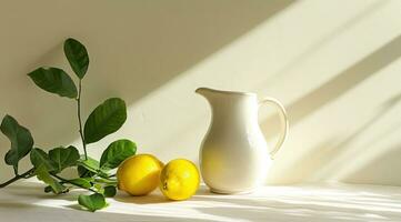 ai gerado uma branco jarro Próximo para uma limão em uma mesa foto