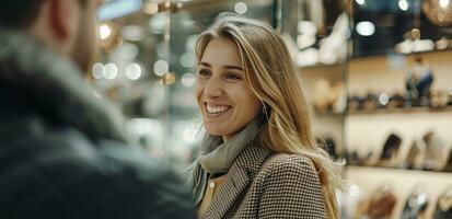 ai gerado uma mulher sorridente às alguém dentro uma loja foto