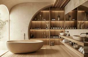 ai gerado a elegante banheiro preenchidas com de madeira prateleiras e de madeira pavimentos foto