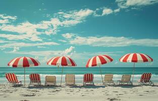 ai gerado cadeiras forrado acima ao longo a de praia debaixo uma vermelho e branco guarda-chuva foto