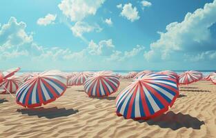 ai gerado vermelho branco e azul listrado guarda-chuvas em uma arenoso de praia foto