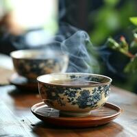 ai gerado fumaça chá e frio chá tigela juntos chá foto