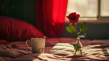 ai gerado copo do café e rosa dentro flor vaso em uma cama foto