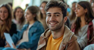 ai gerado homem senta enquanto sorridente com pessoas dentro a frente linha foto