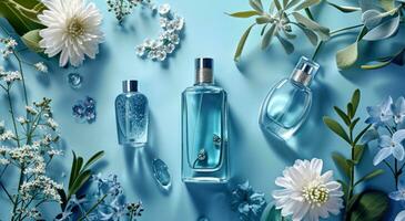 ai gerado a perfume garrafas estão arranjado em uma azul fundo foto