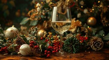ai gerado branco vinho vidro em a ornamental mesa com Natal temático flores foto