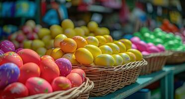 ai gerado cor coordenado Páscoa ovos dentro cestas às mercado foto