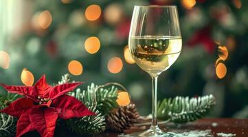 ai gerado branco vinho vidro em a ornamental mesa com Natal temático flores foto