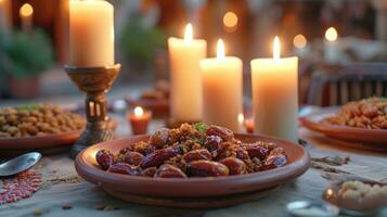 ai gerado caloroso luz de velas configuração com datas, tradicional pratos, e uma espírito do união com cópia de espaço. foto